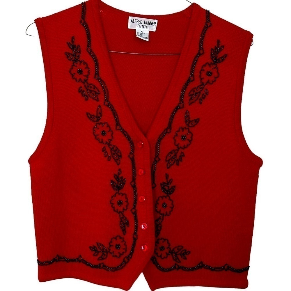 Alfred Dunner Sweater Vest Holiday Red with Black Beads Acrylic & Wool Size PL